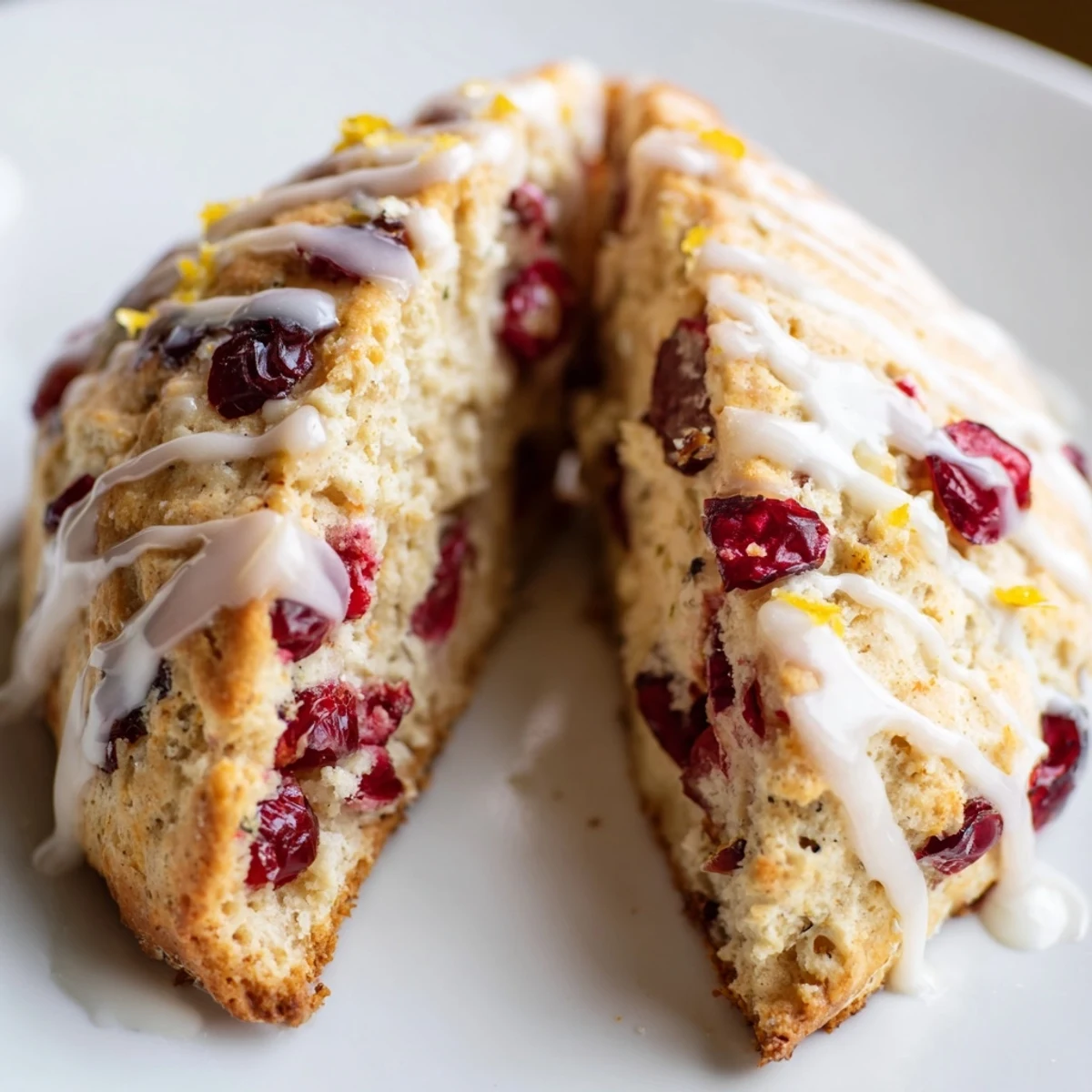 Warm Cranberry Orange Scones studded with red berries, drizzled with sweet glaze and served beside a cup of tea.
