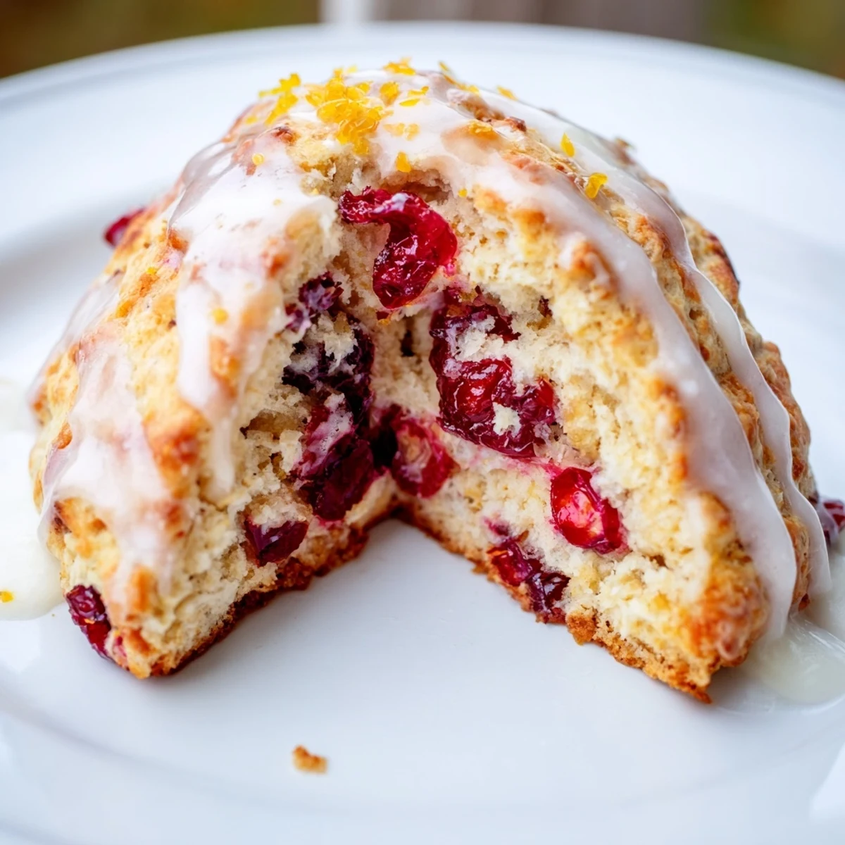 Golden brown Cranberry Orange Scones with crumbly texture and zesty glaze on a white ceramic plate with orange slices.