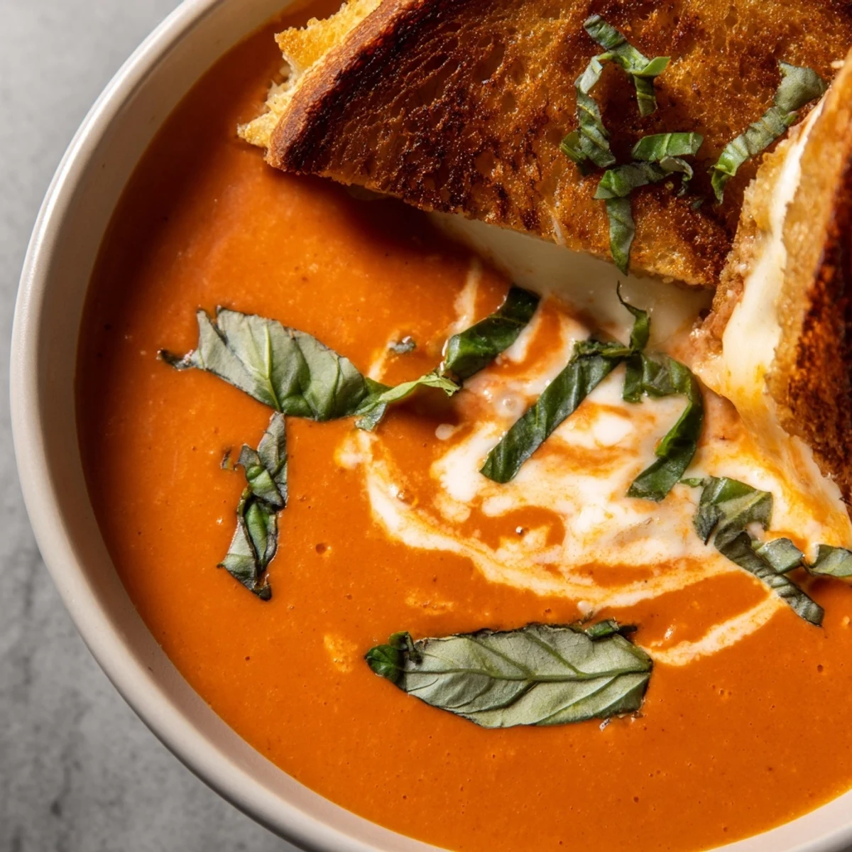 Creamy Tomato Basil Bisque with Grilled Cheese served steaming hot with golden, melted cheese.