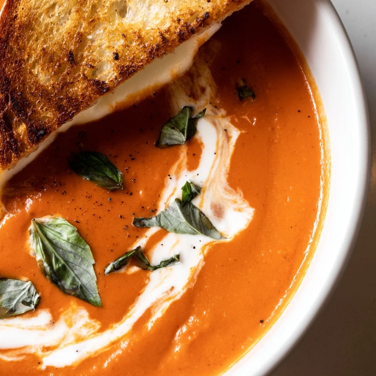 A bowl of Creamy Tomato Basil Bisque with Grilled Cheese beside fresh basil garnish.