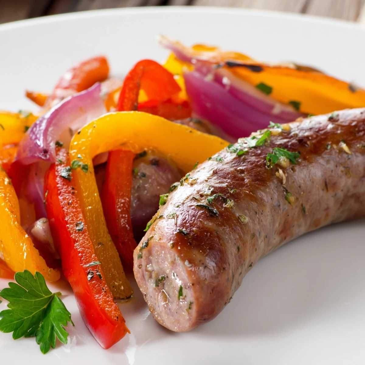 Golden brown Sheet Pan Sausage and Peppers with Onions roasted with sweet red peppers and caramelized onions on a dark pan.
