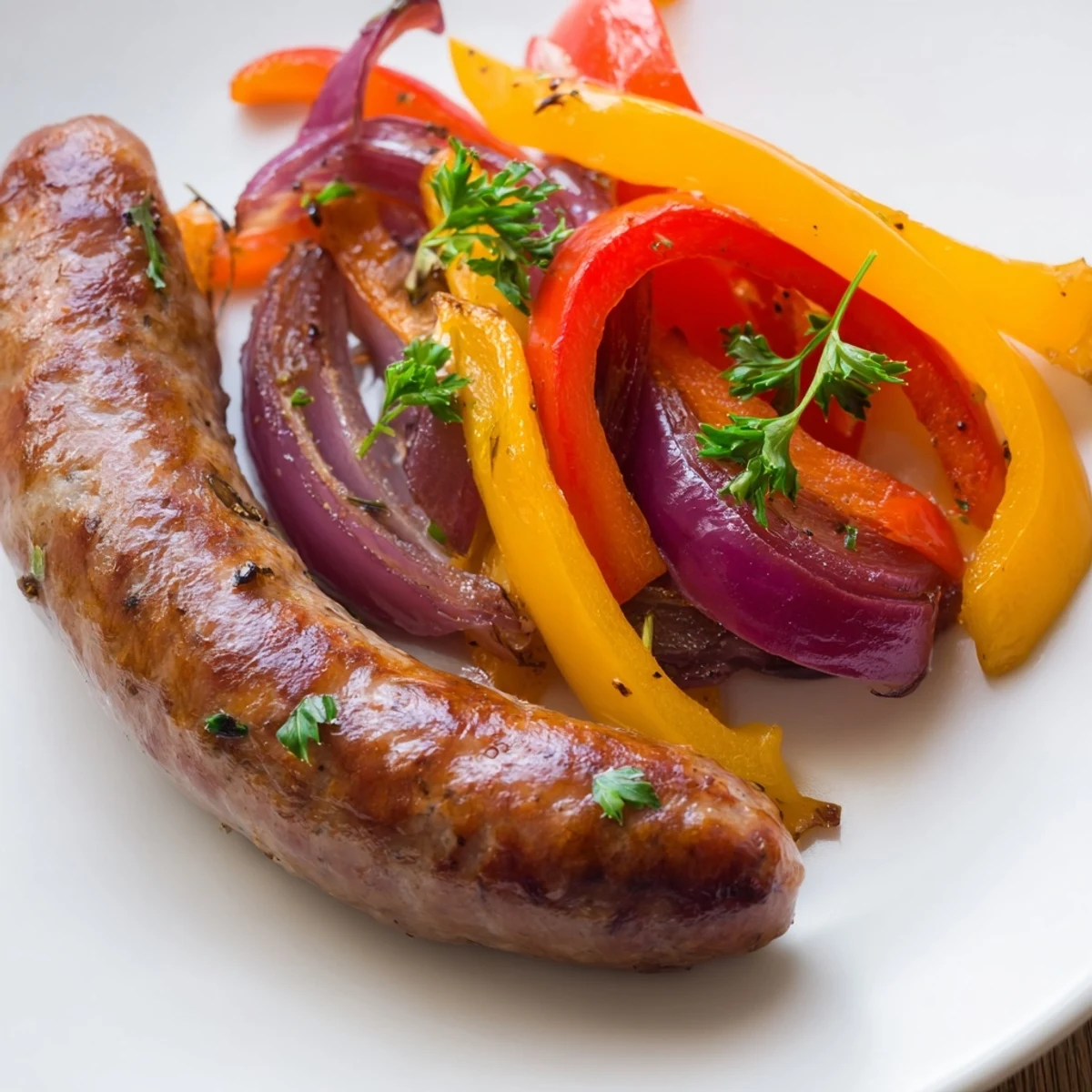 A finished Sheet Pan Sausage and Peppers with Onions garnished with fresh parsley, ready to be served with crusty bread.