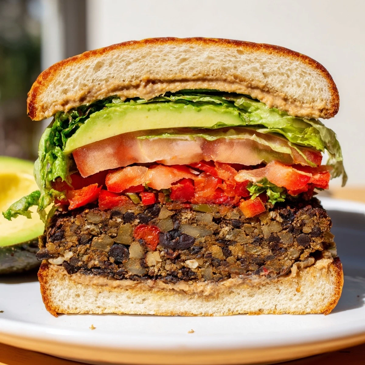 Close-up view of a hearty Vegan Black Bean Burger showcasing the chunky black bean texture and smoky toppings.