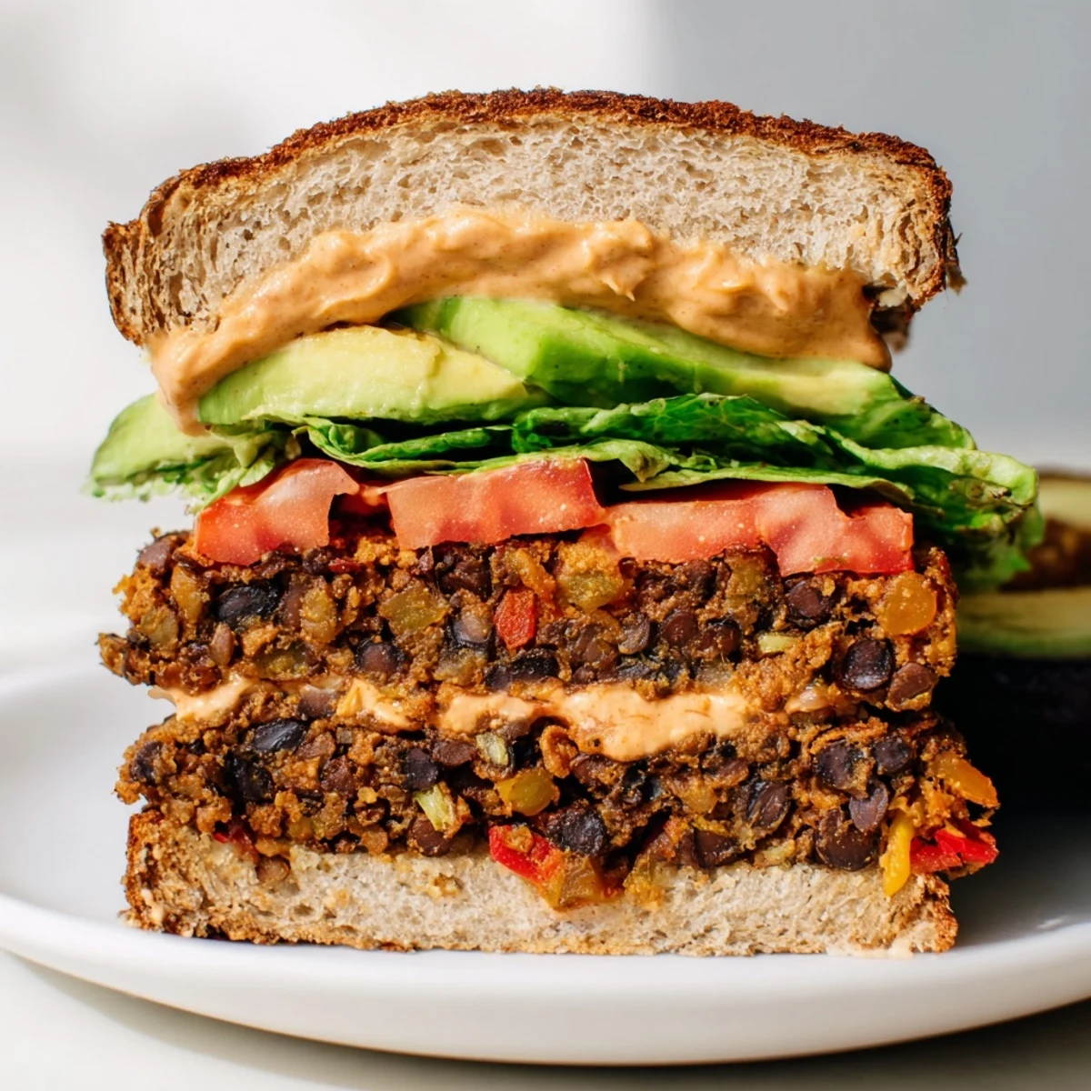 A fully assembled Vegan Black Bean Burger with chipotle mayo, fresh lettuce, tomato, and ripe avocado.