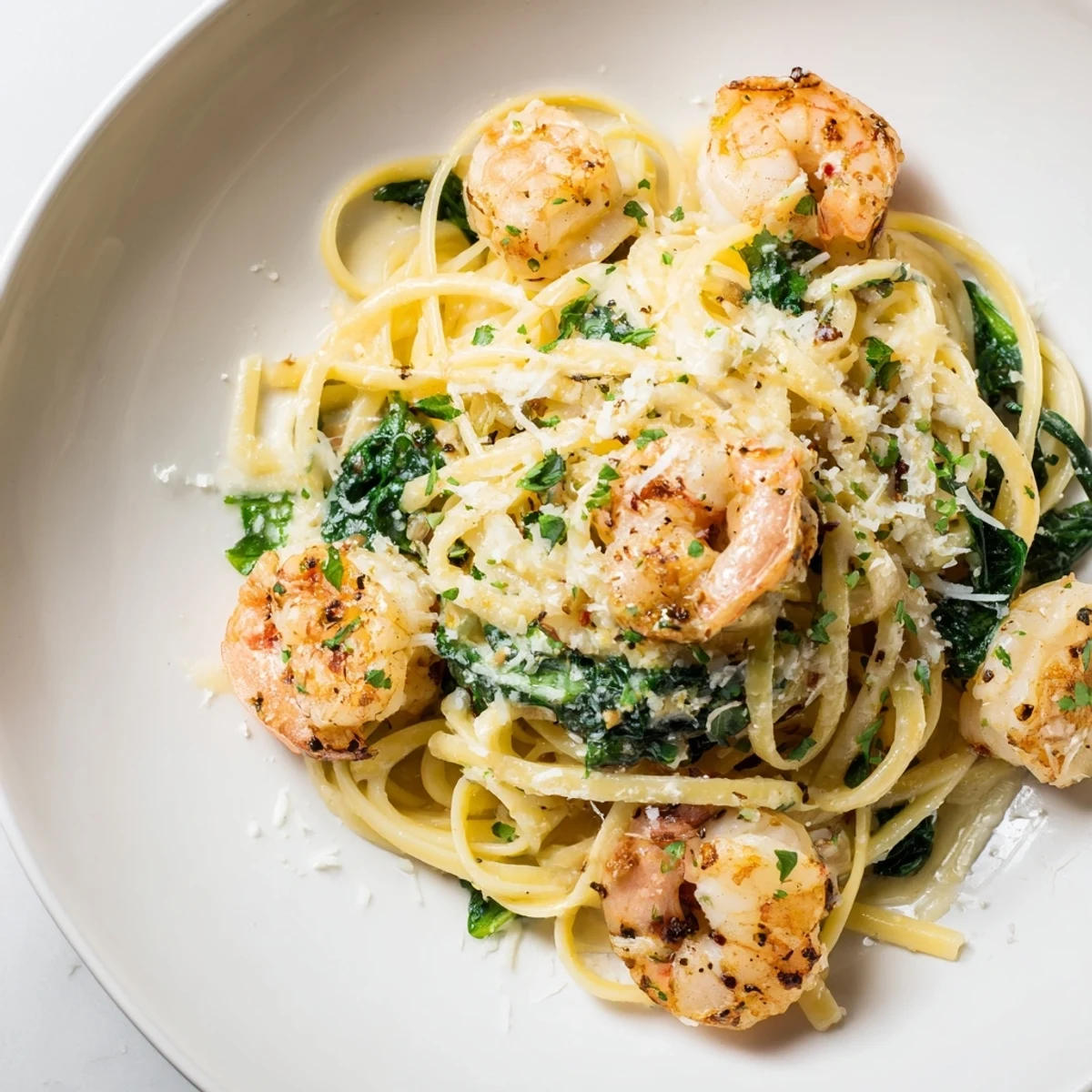 Steaming Lemon Garlic Shrimp Pasta with Fresh Spinach served in a white bowl, garnished with parsley and lemon wedges.