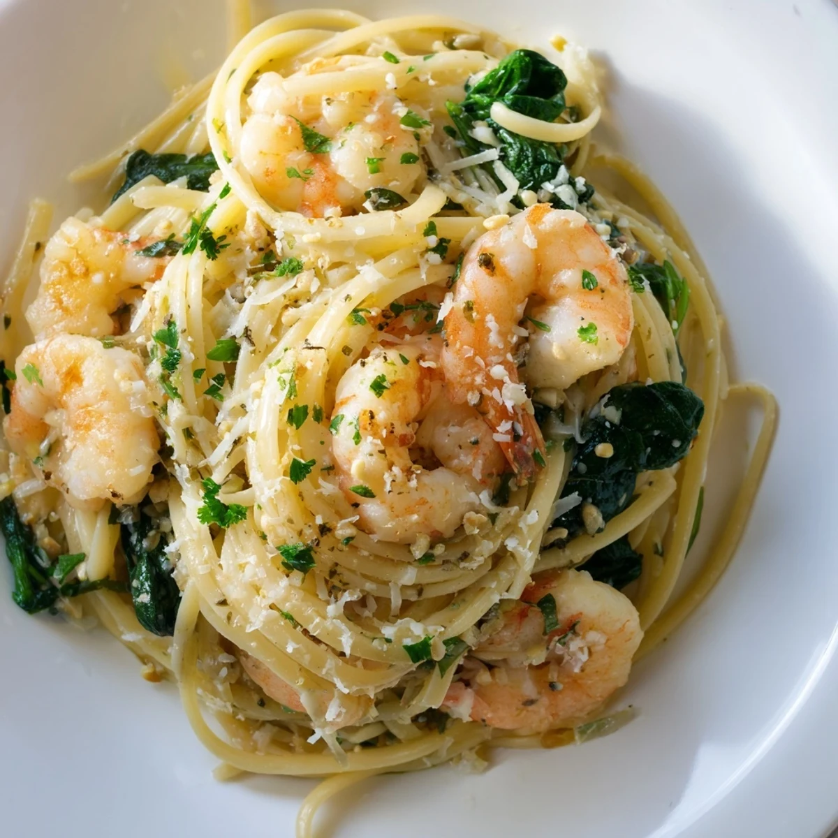 Close-up of Lemon Garlic Shrimp Pasta with Fresh Spinach showing sautéed shrimp and wilted spinach leaves.