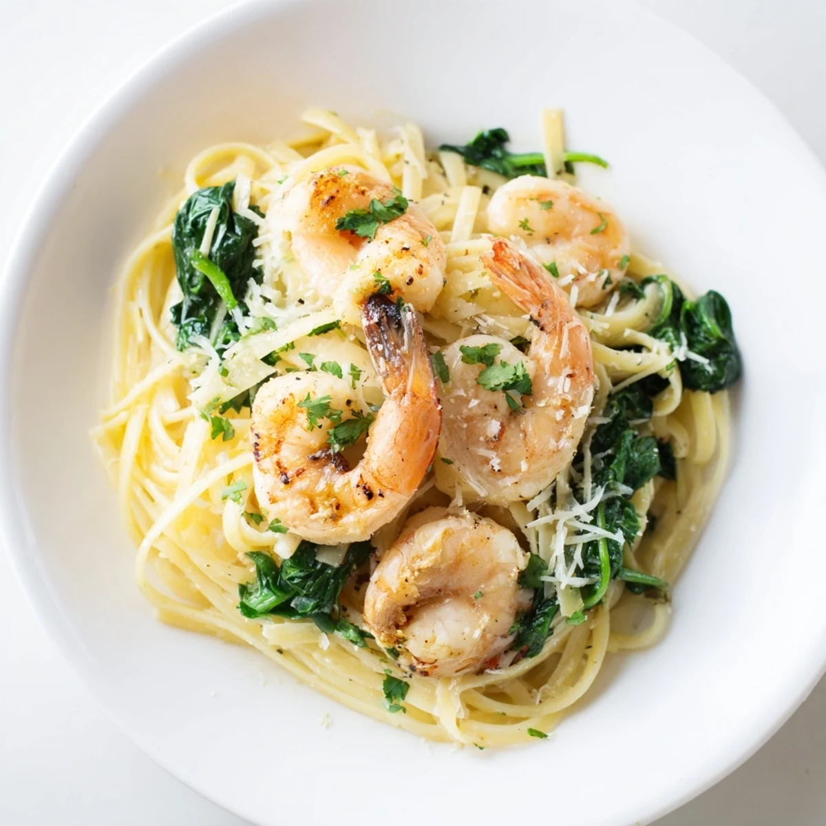 A warm plate of Lemon Garlic Shrimp Pasta with Fresh Spinach tossed in a glossy garlic-lemon sauce.
