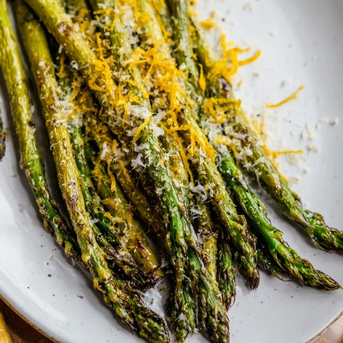 Perfectly roasted asparagus topped with nutty Parmesan and bright lemon zest on a serving platter.