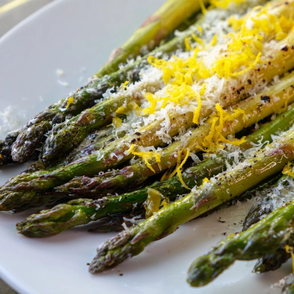 Crisp, oven roasted asparagus with Parmesan and lemon zest ready to enjoy with lemon wedges.