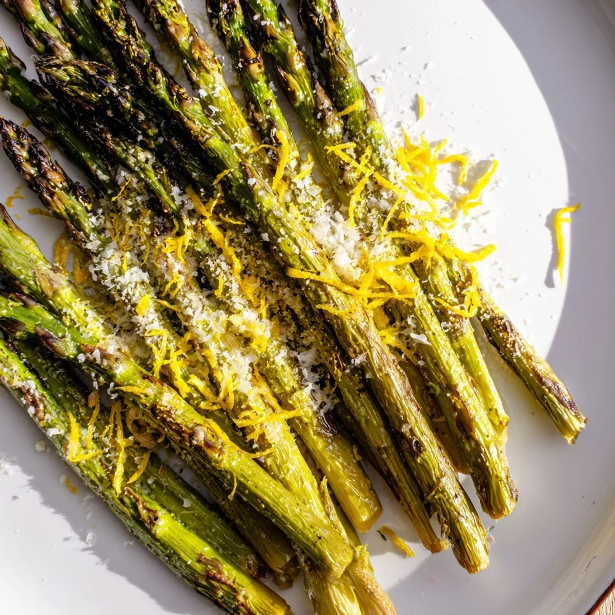 Tender roasted asparagus with melted Parmesan and lemon zest served alongside roast chicken.
