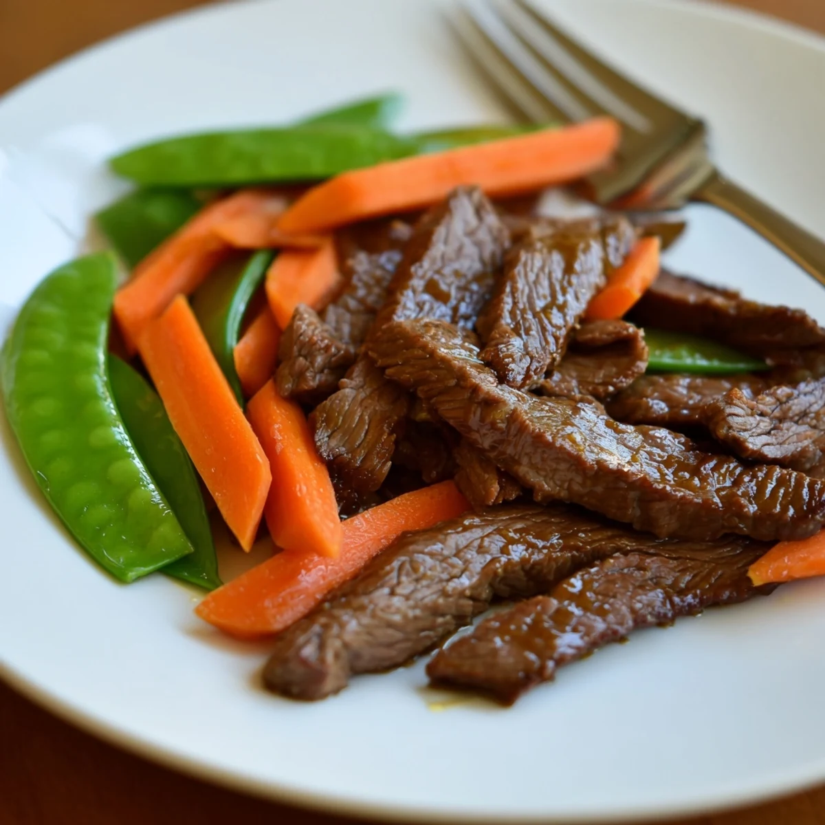 Crisp snow peas and sliced carrots mingle with tender beef strips in a glossy, savory brown sauce.
