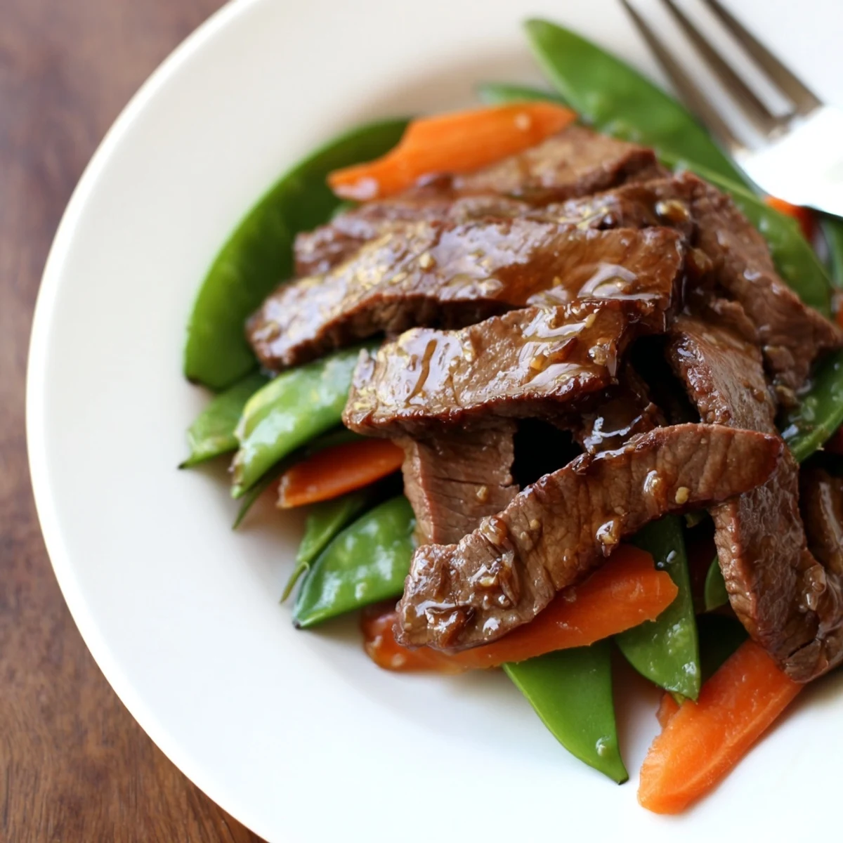 Sizzling strips of marinated flank steak combined with orange carrot coins and green snow peas for a vibrant stir fry.