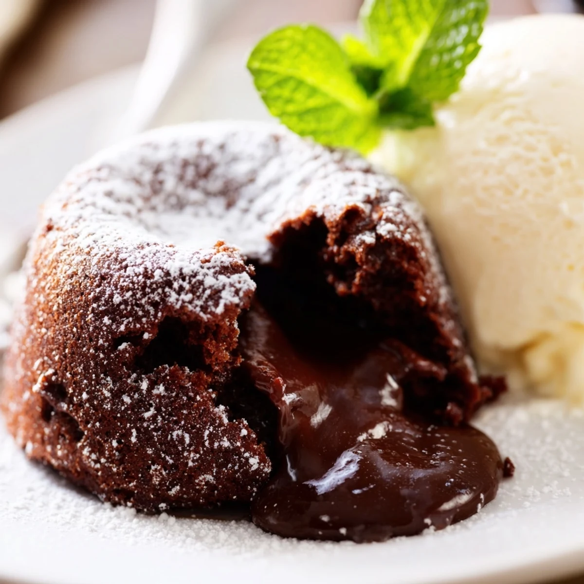 Perfectly decadent Chocolate Lava Cakes dusted with powdered sugar, served hot with creamy vanilla bean ice cream and fresh berries for a stunning, restaurant-quality dessert presentation.