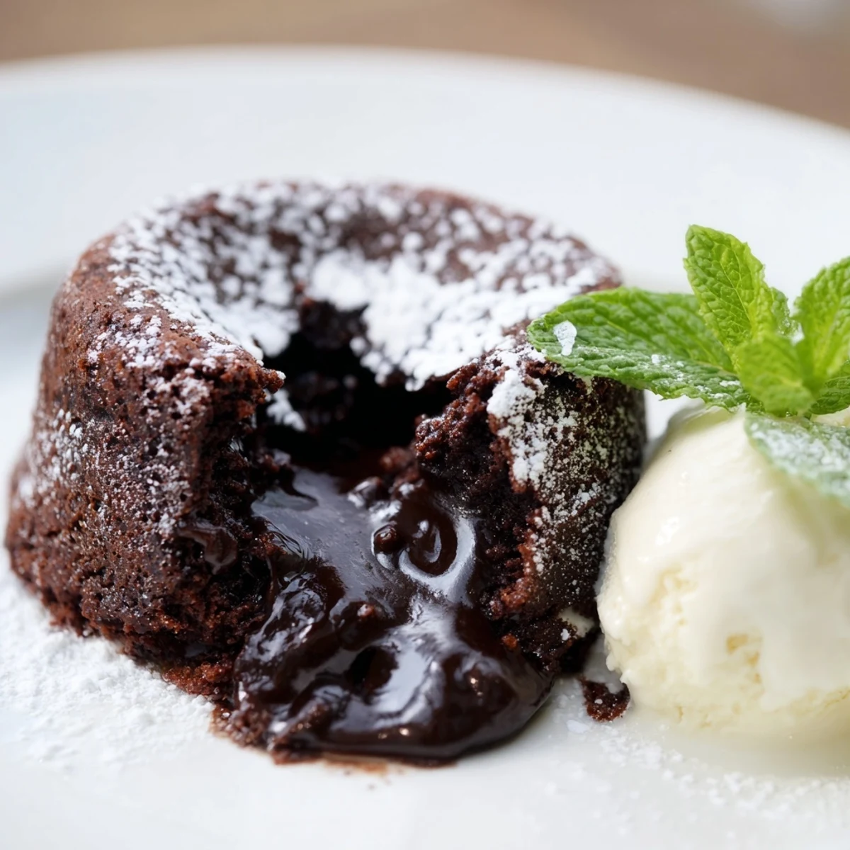 Individually baked Chocolate Lava Cakes sit on white plates, featuring a tender exterior and oozing fudge center, ready to be enjoyed with melting vanilla bean ice cream.