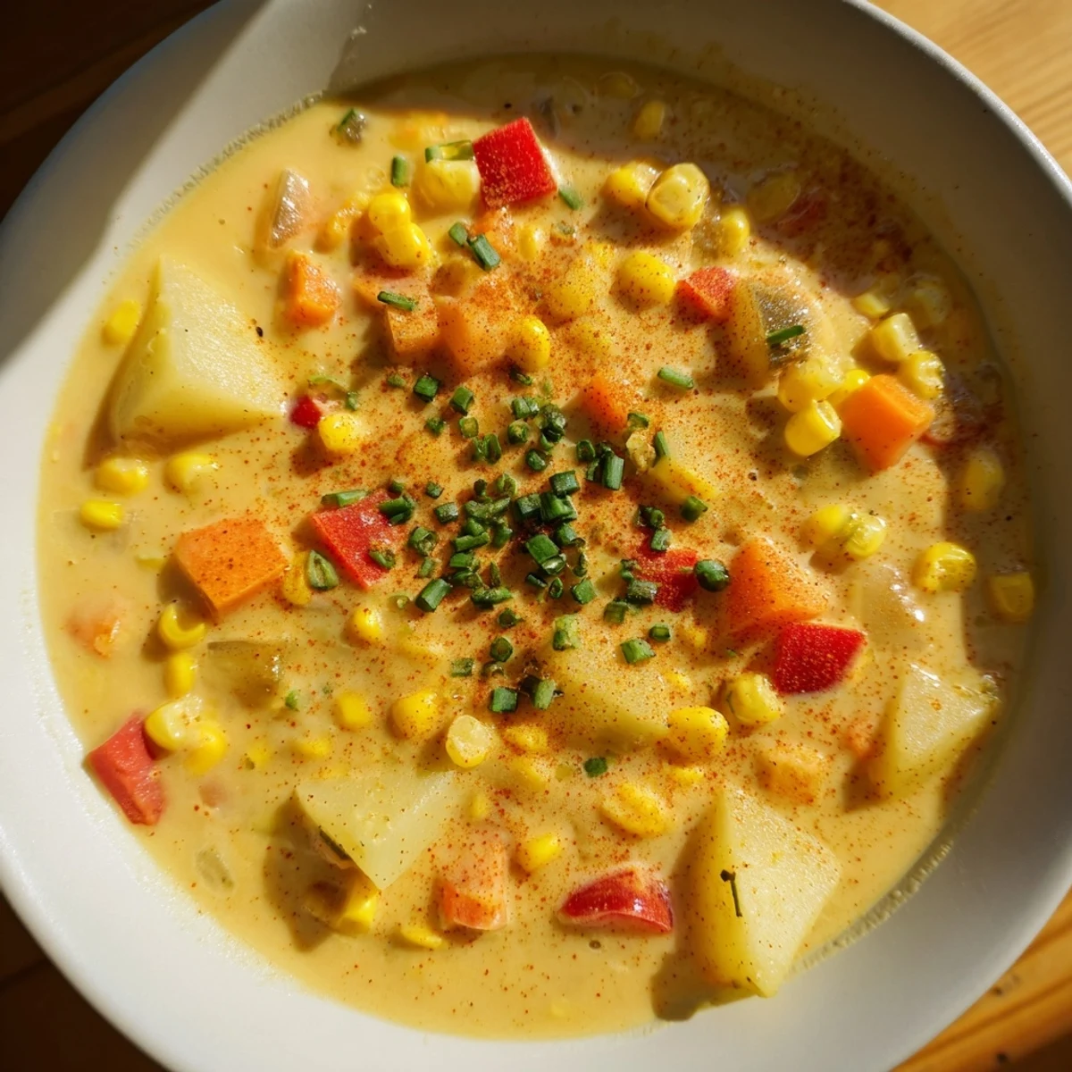 Creamy Corn Chowder with Smoked Paprika in a rustic bowl, garnished with fresh chives and a light dusting of paprika.