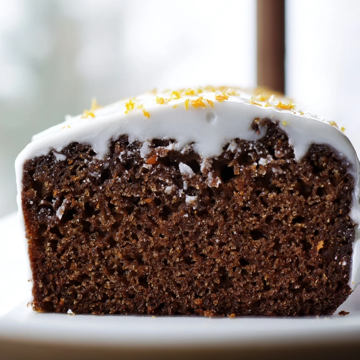 A slice of Gingerbread Loaf reveals warm spices, topped with bright orange icing, perfect for winter dessert platters.