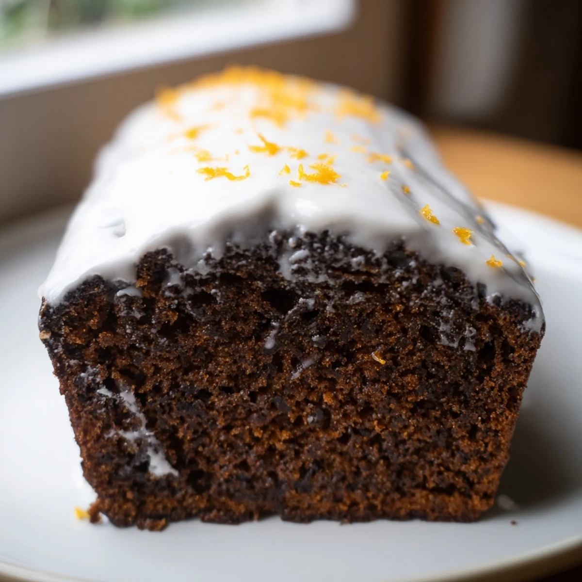 Freshly baked Gingerbread Loaf with orange icing on a cooling rack, showcasing a moist crumb and glossy citrus drizzle.