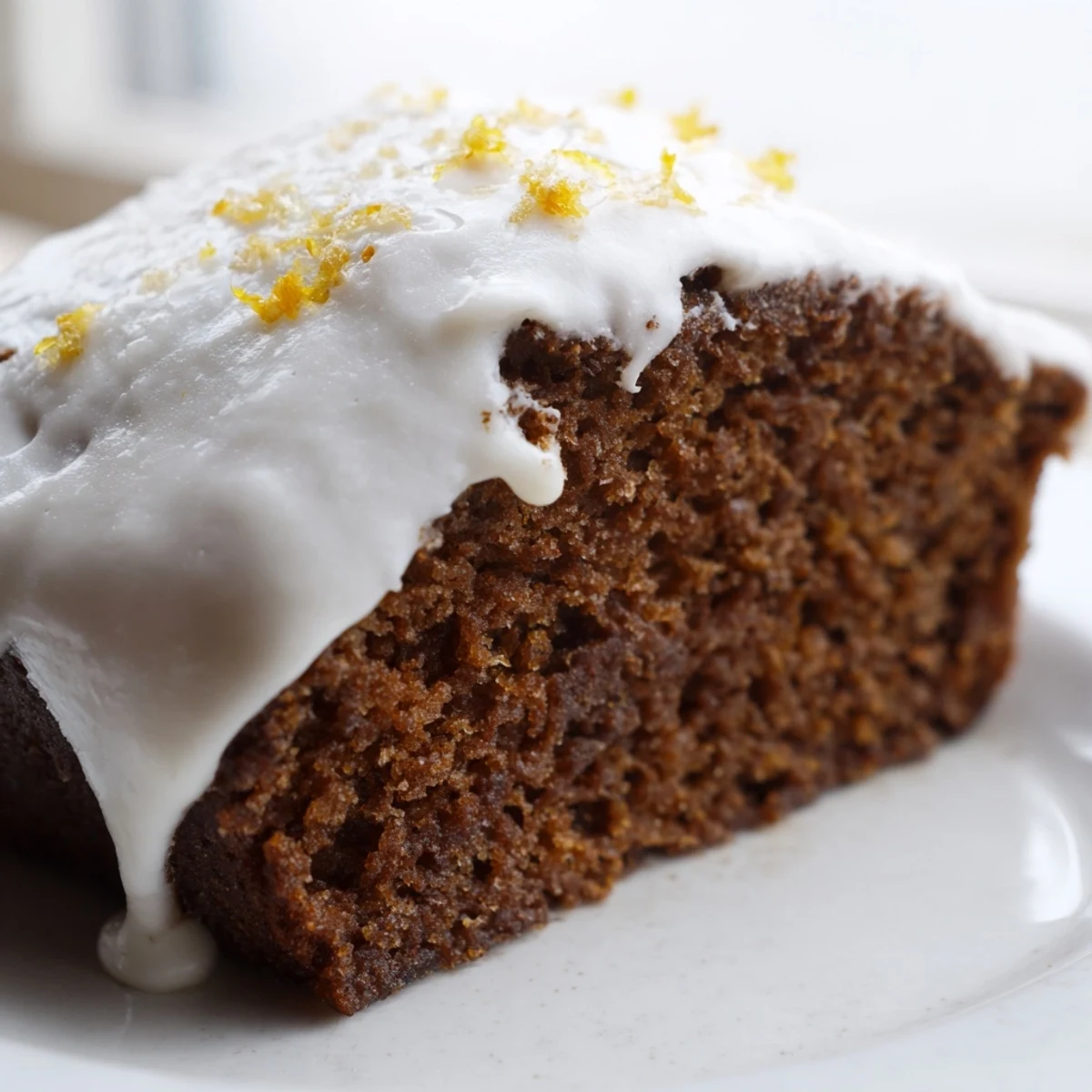 Warm Gingerbread Loaf with orange icing drizzled over the top, ideal for serving alongside hot cocoa or tea.