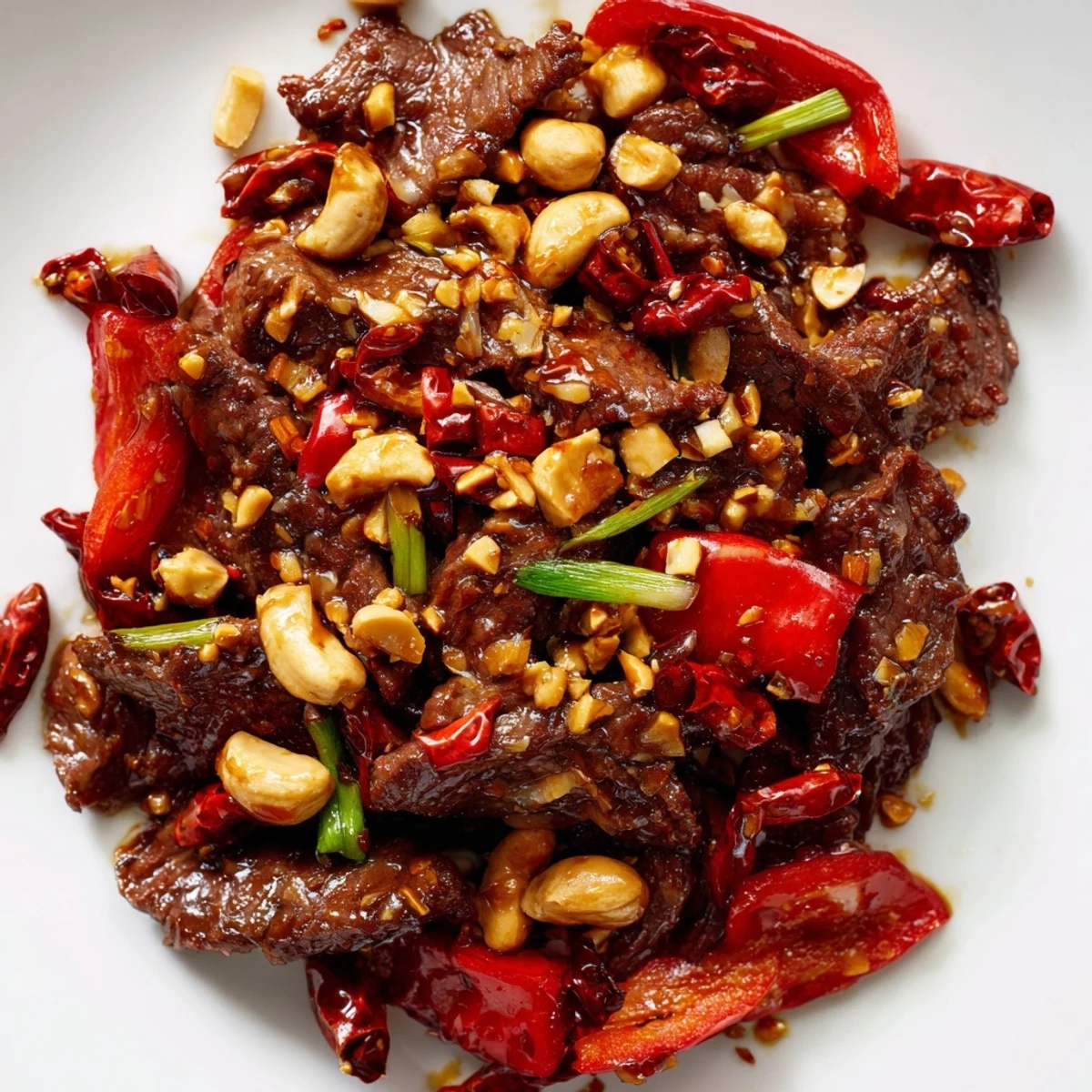 A close-up of Spicy Szechuan Beef with Peanuts, featuring glistening strips of beef and vibrant red bell peppers in a dark savory sauce.