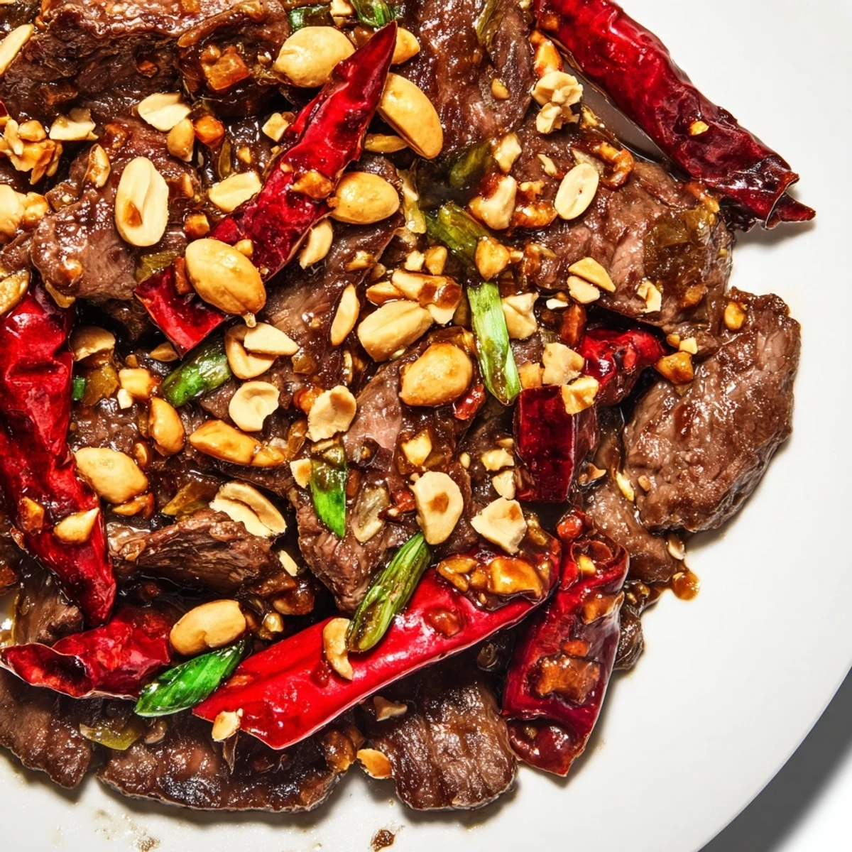 Steamed white rice surrounds a flavorful bowl of Spicy Szechuan Beef with Peanuts, garnished with whole dried red chilies and sesame seeds.
