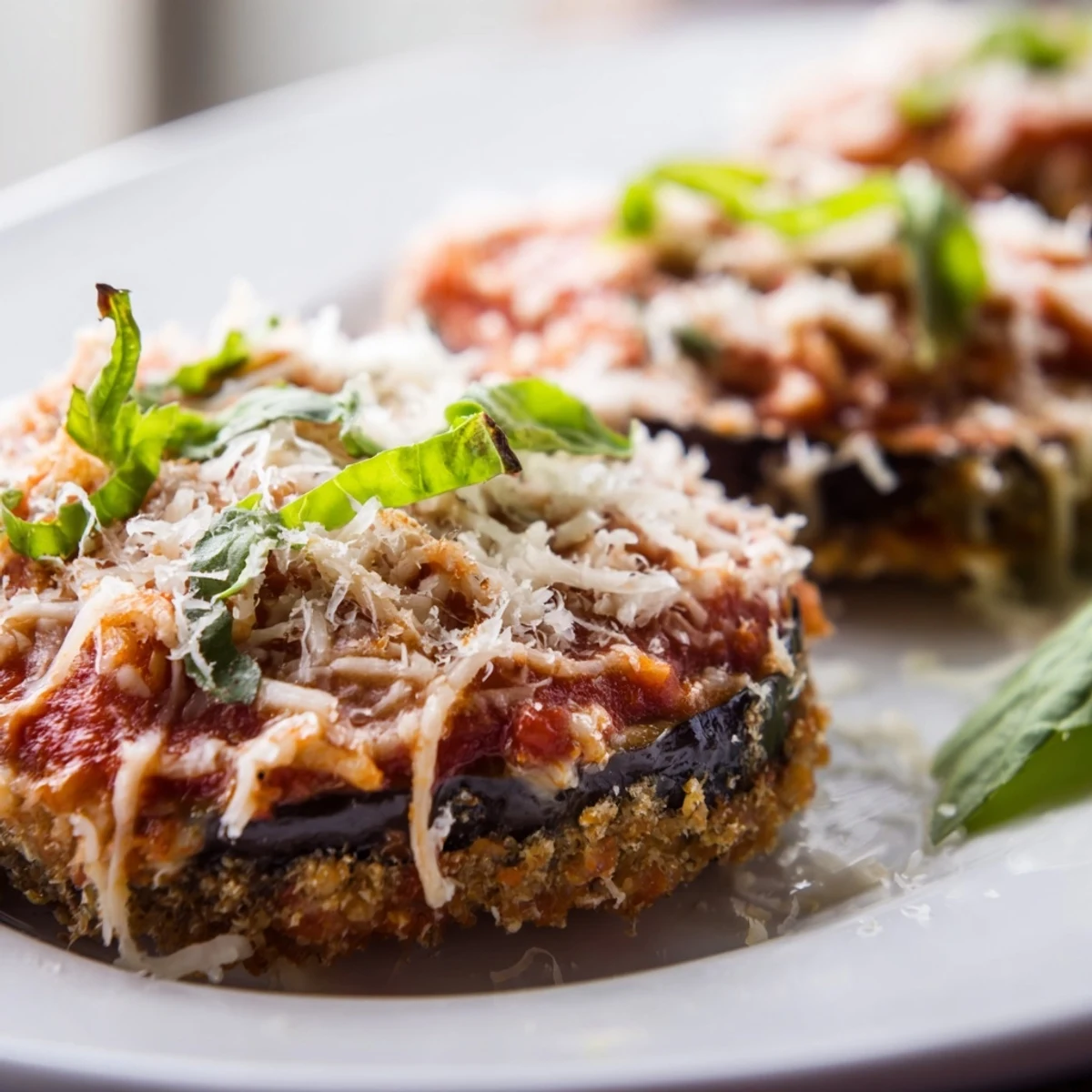 Golden-baked eggplant slices layered in a dish with marinara sauce, melted mozzarella, and fresh basil for a classic Baked Eggplant Parmesan.