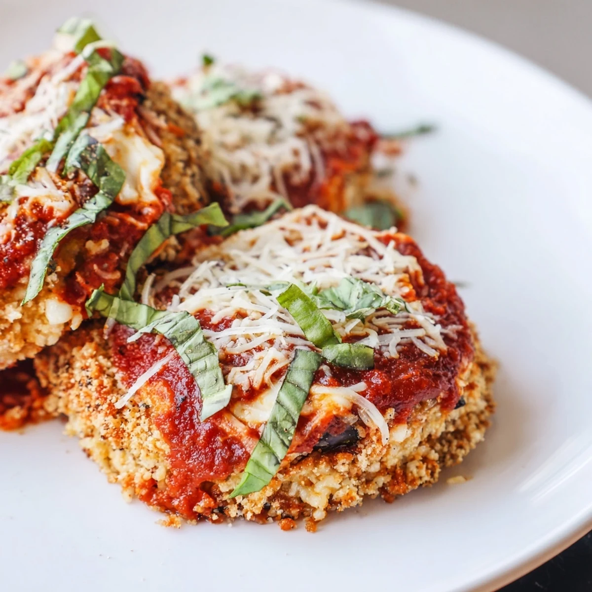 This hearty vegetarian casserole shows Baked Eggplant Parmesan served with a crisp green salad and crusty Italian bread.