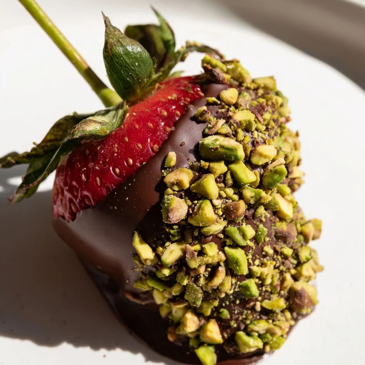Chocolate Covered Strawberries with Pistachios glistening with melted dark chocolate and pistachio crumbs on a chilled plate.