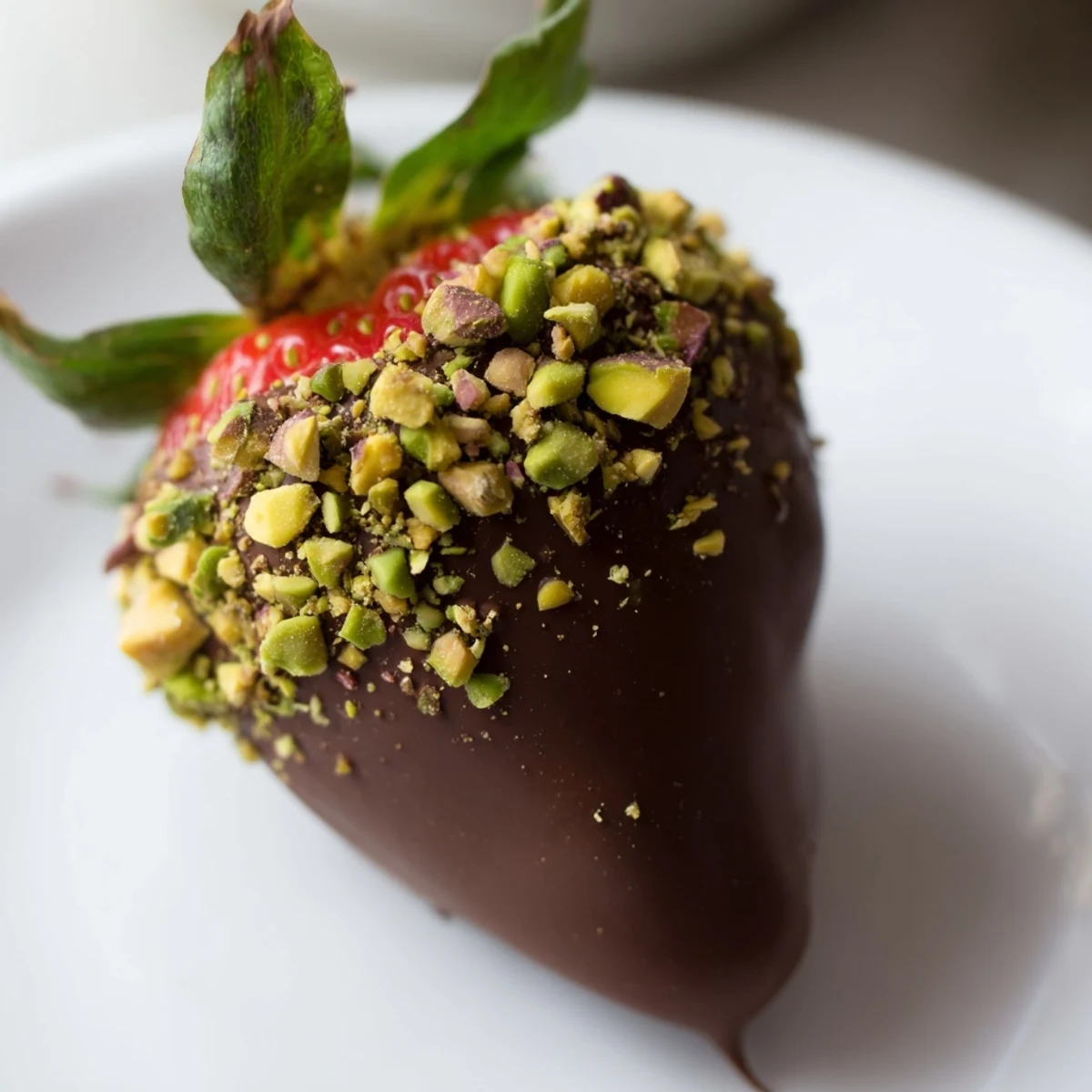 Melted dark chocolate coats juicy berries, garnished with bright green pistachios for an easy, elegant treat.