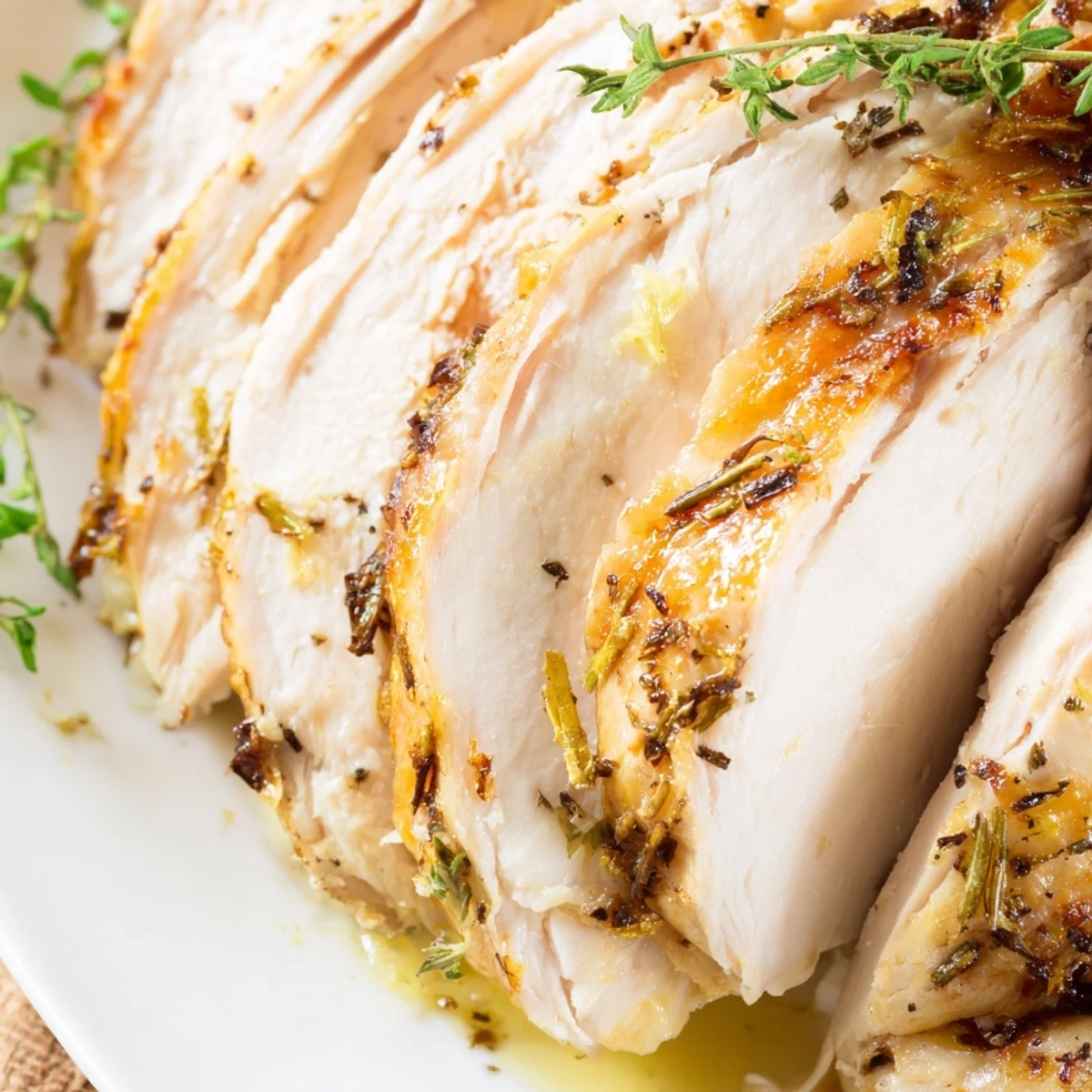 Freshly carved Lemon Herb Roasted Turkey Crown revealing tender white meat, drizzled with rich pan gravy and herbs.