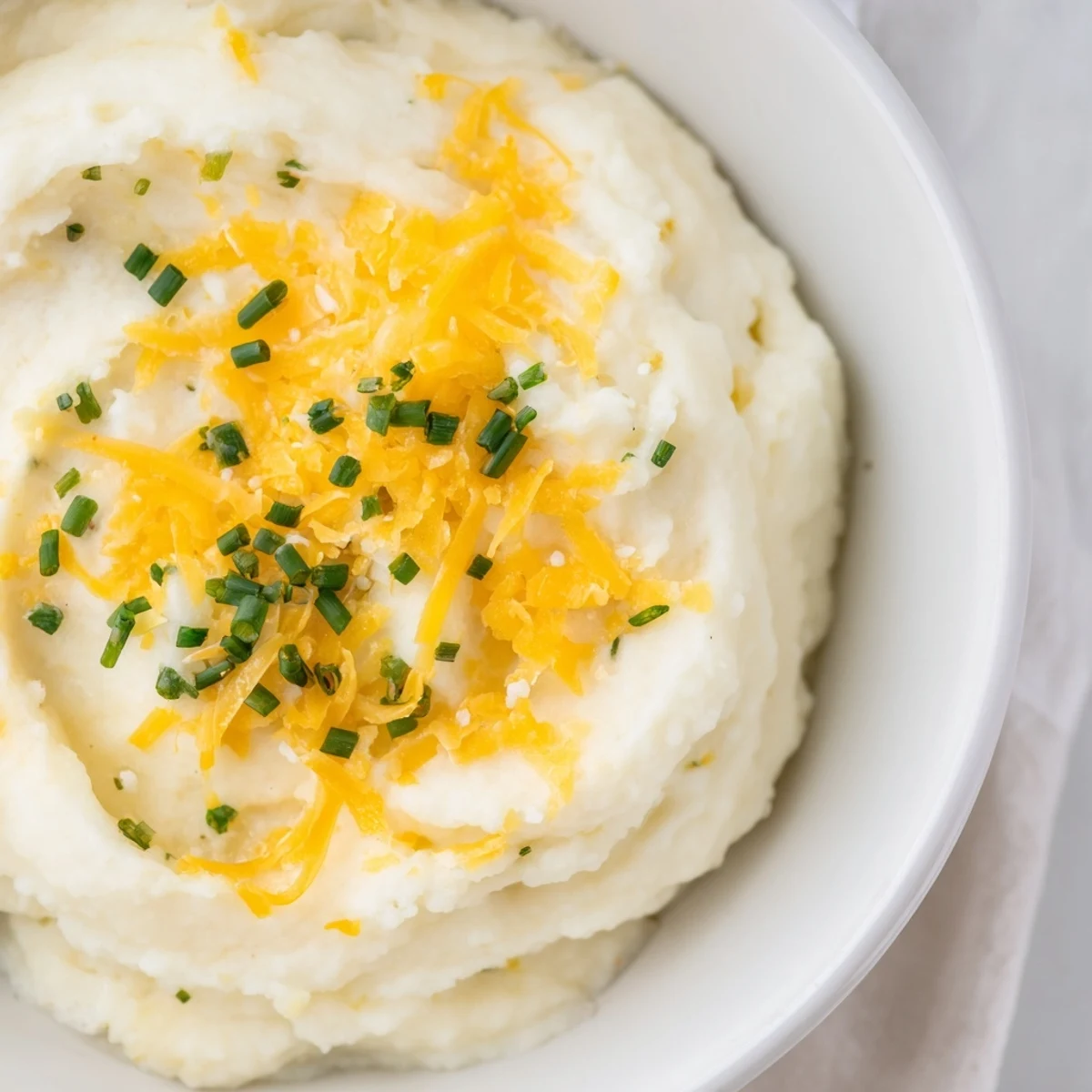 Creamy Garlic Mashed Cauliflower with Cheese garnished with fresh chives, served hot as a low-carb side dish.