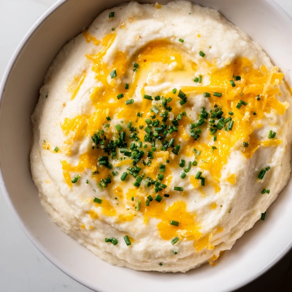 A bowl of Garlic Mashed Cauliflower with Cheese, featuring tender florets and rich, melted cheddar for comfort.