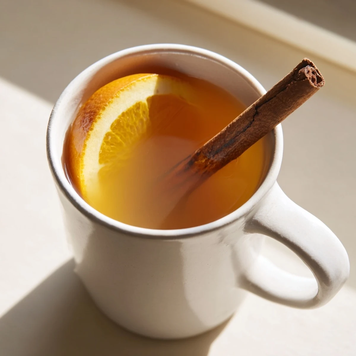 Fragrant cinnamon sticks, star anise, and whole cloves infuse golden apple juice in a stovetop saucepan.