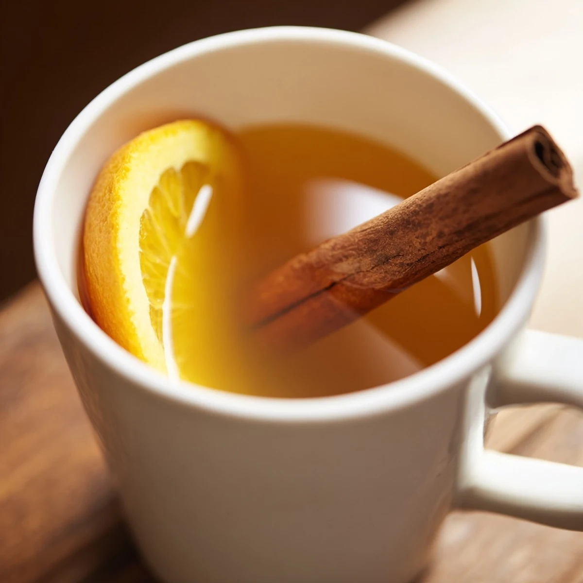 Cozy mug of spiced hot apple juice garnished with a cinnamon stick, steam rising on a cold day.
