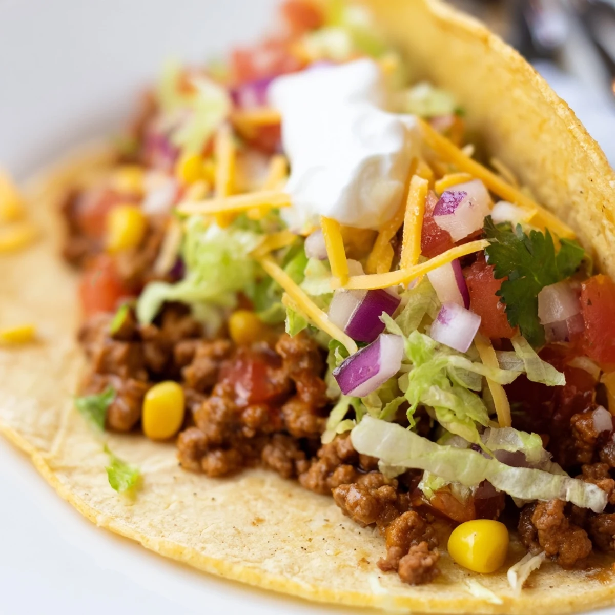 Close-up of juicy seasoned beef filling piled into warm corn tortillas, topped with vibrant fresh corn salsa, shredded lettuce, and cheese.