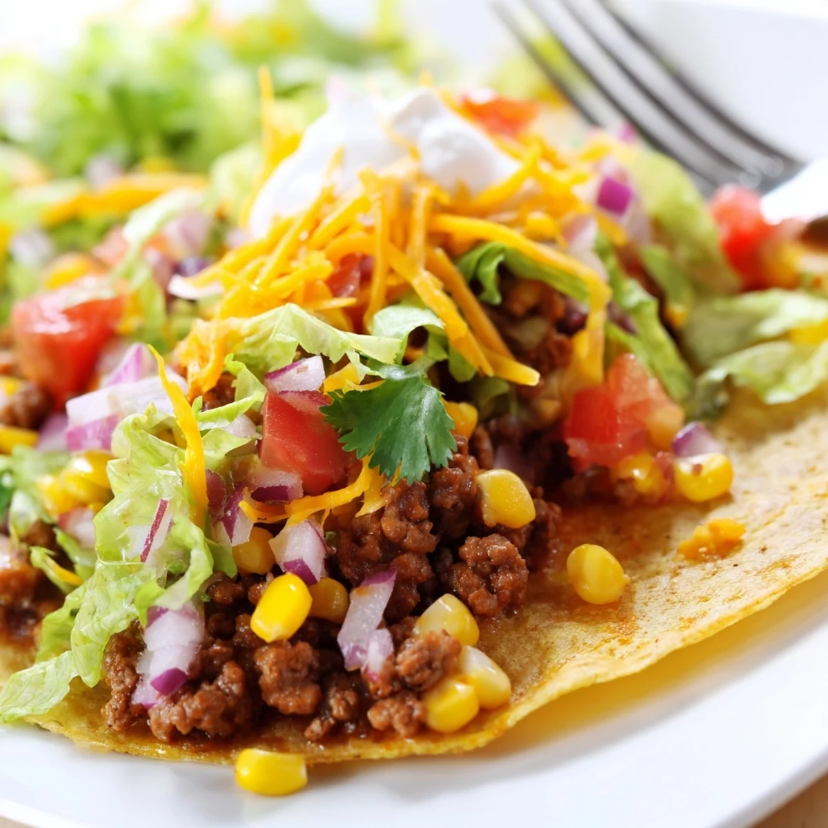 Freshly assembled Beef Tacos with Corn Salsa, garnished with cilantro and sour cream, served with lime wedges on a rustic plate.