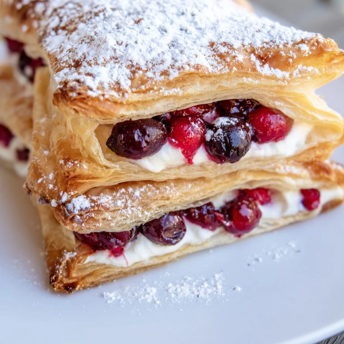 Freshly baked Cranberry and Cream Cheese Pastries with golden puff pastry and a vibrant red filling.