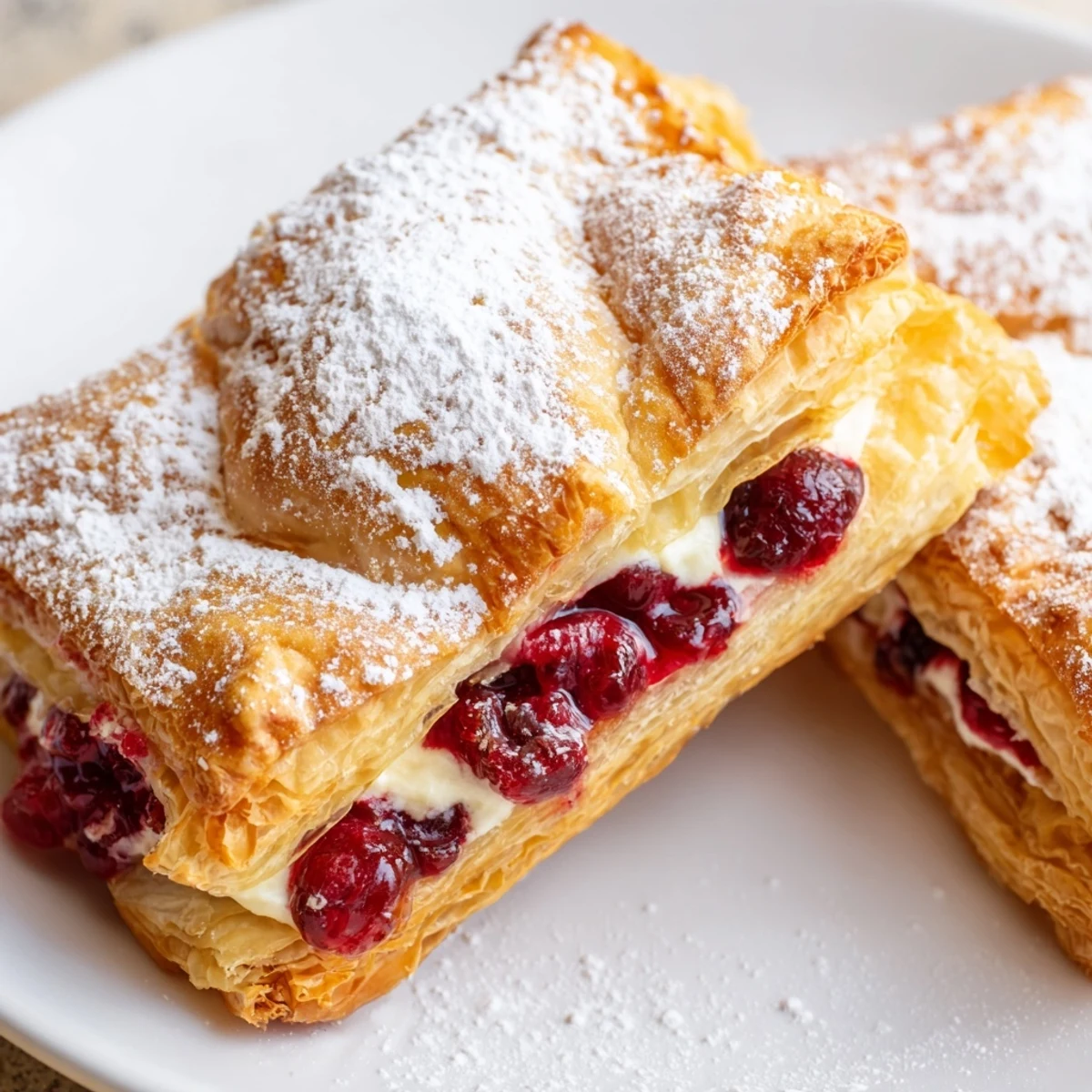 Warm Cranberry and Cream Cheese Pastries dusted with powdered sugar on a rustic wooden board.