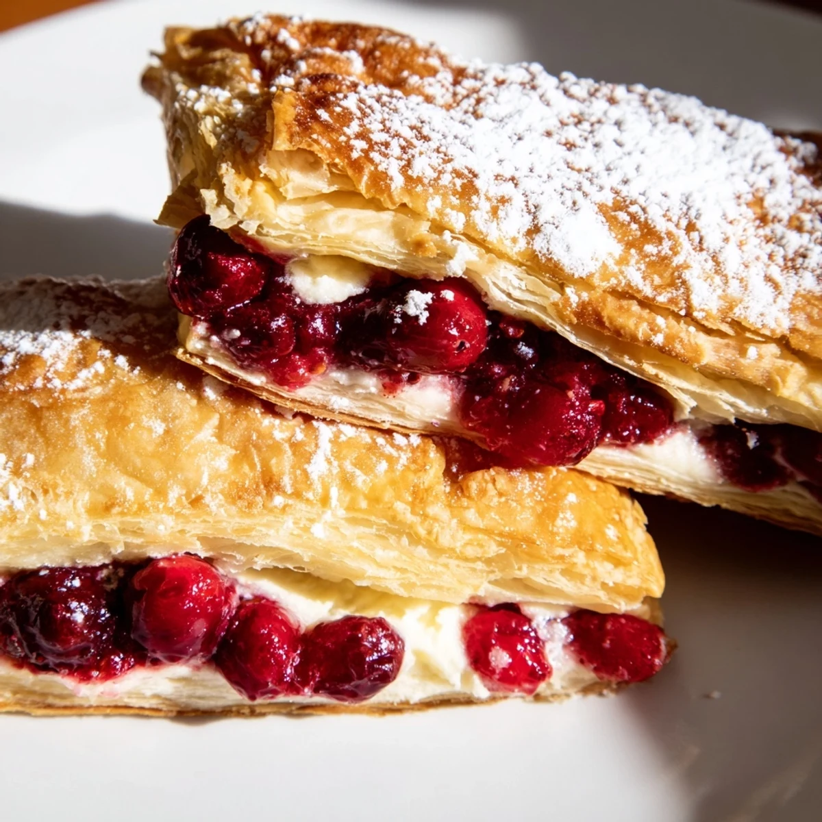 A plate of flaky Cranberry and Cream Cheese Pastries served with a steaming cup of coffee.