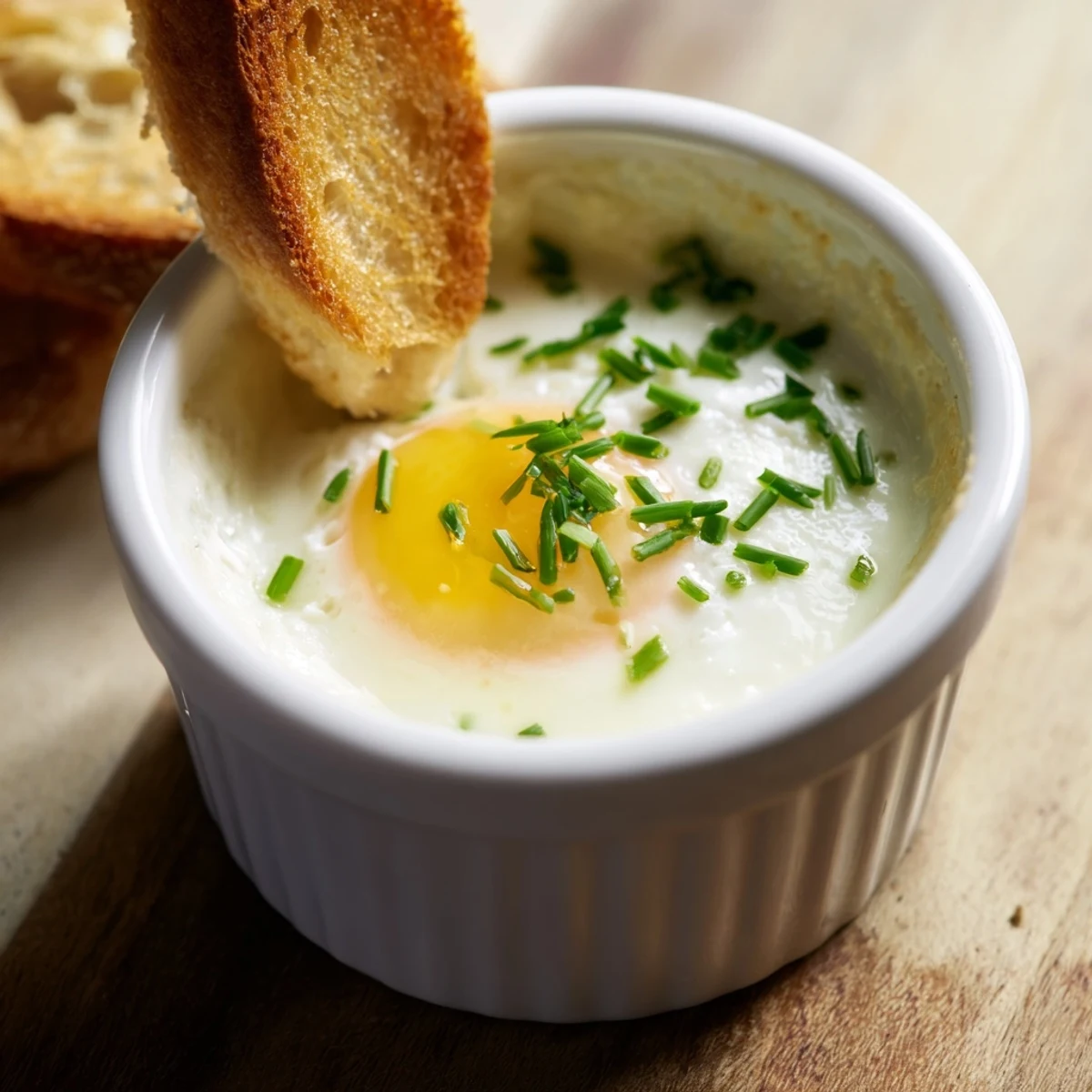 Buttery toast soldiers stand ready for dipping into a creamy baked egg, presented in a small white ramekin on a textured wooden table.