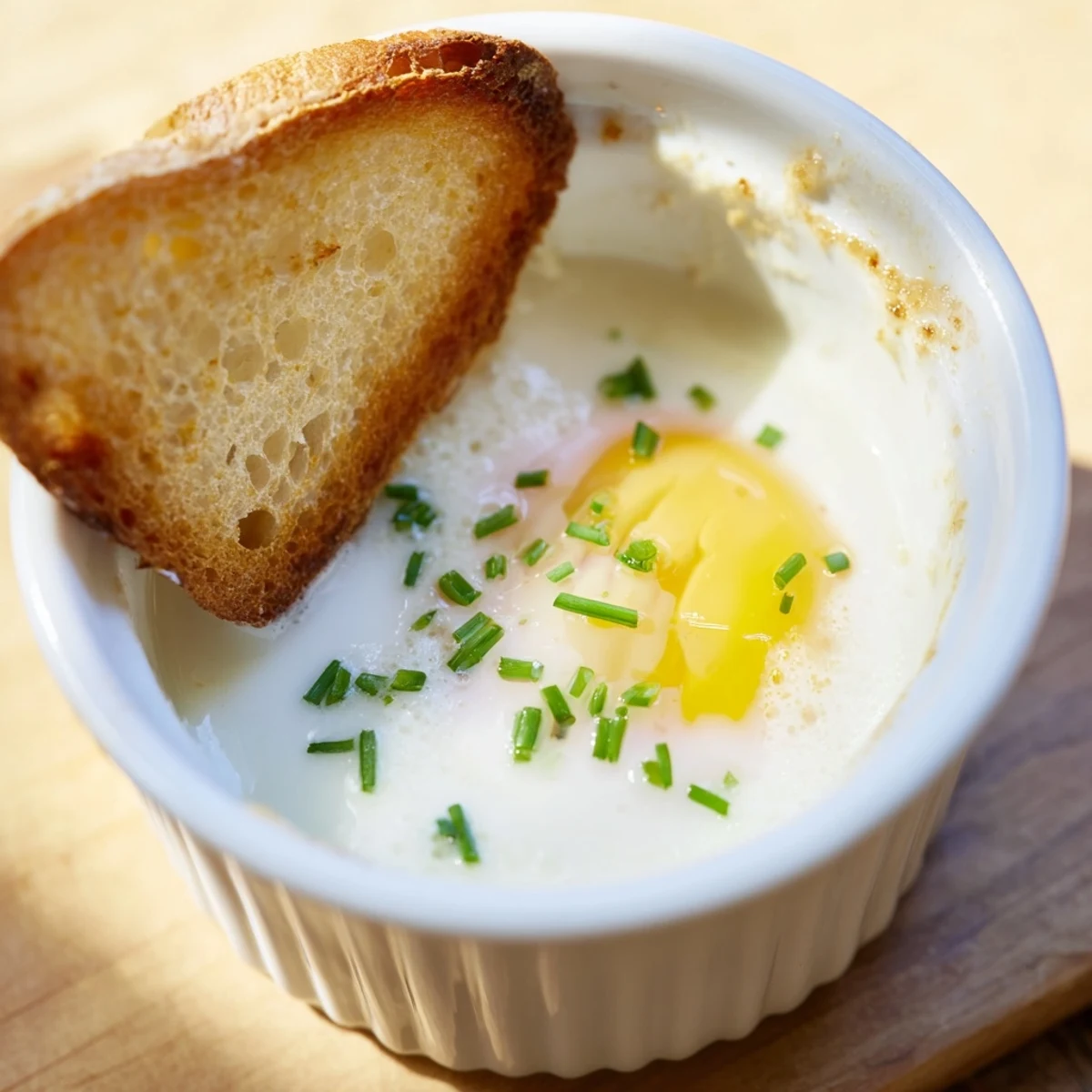 A rustic white plate holds a perfectly baked egg in its ramekin, garnished with fresh green chives, alongside thick slices of golden buttered toast.