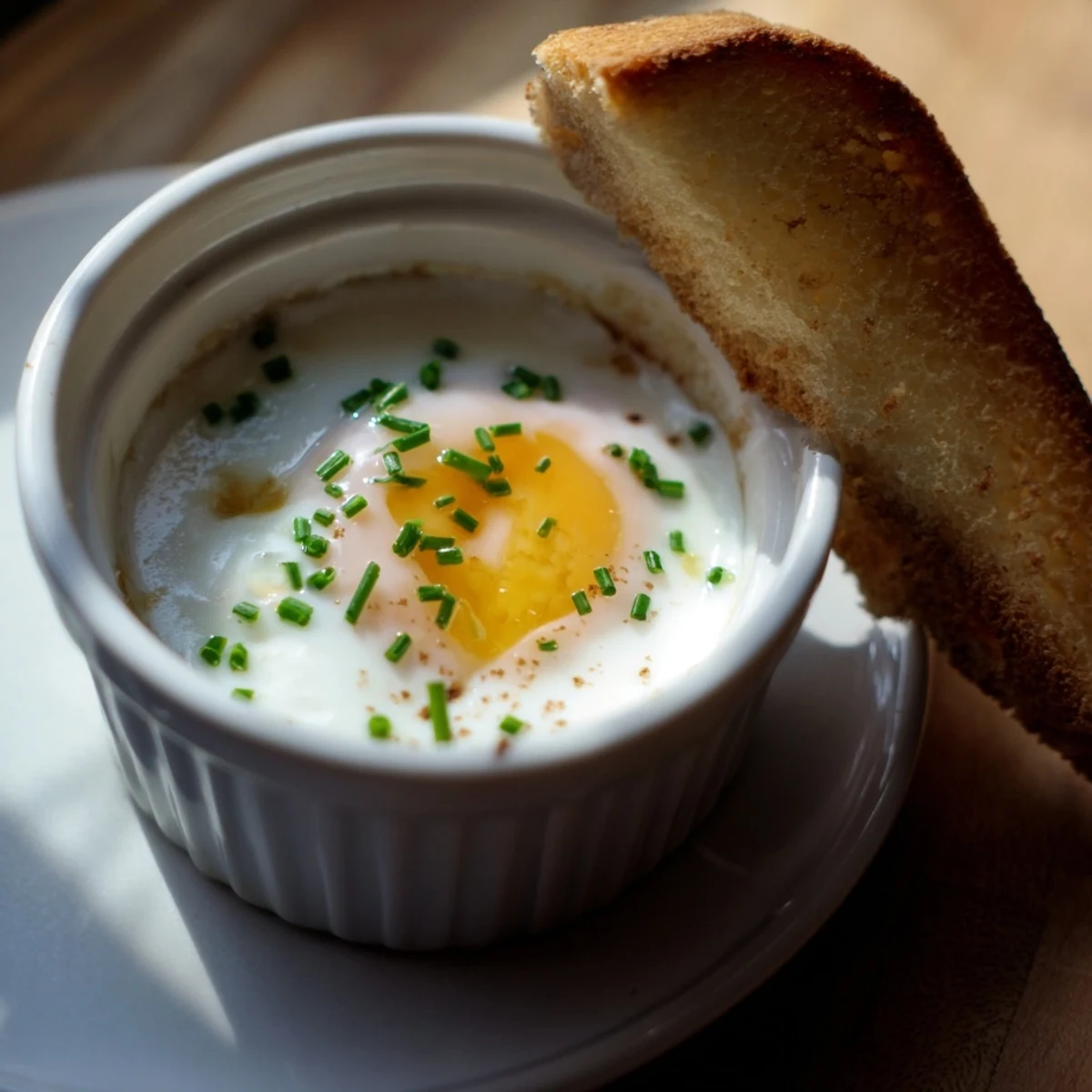 A close-up reveals a soft baked egg with a runny yolk in a ceramic dish, paired with crunchy, buttery toast points for a comforting breakfast.