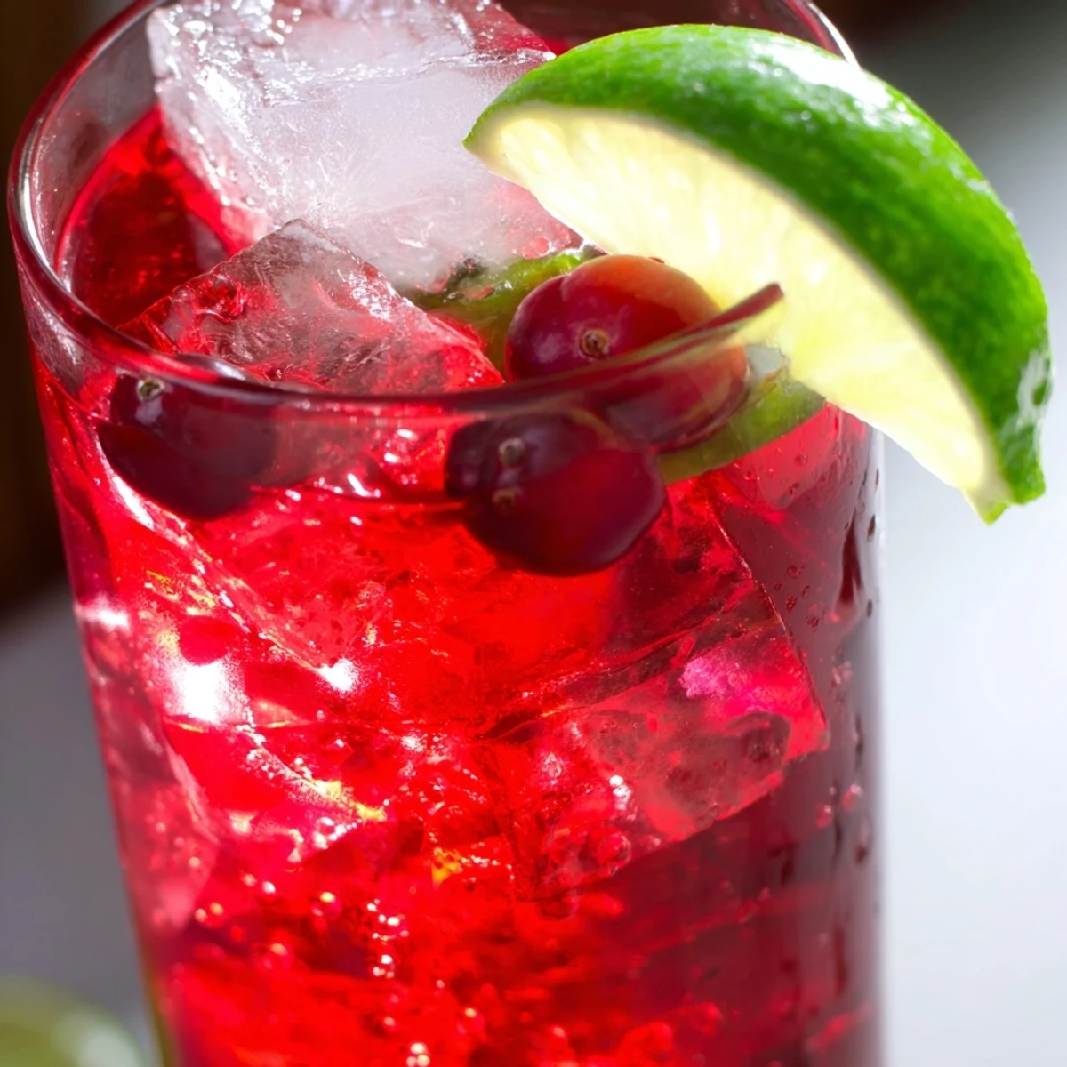 A tall glass of Cranberry Juice Cocktail with Lime over ice, garnished with lime wedges and fresh cranberries.