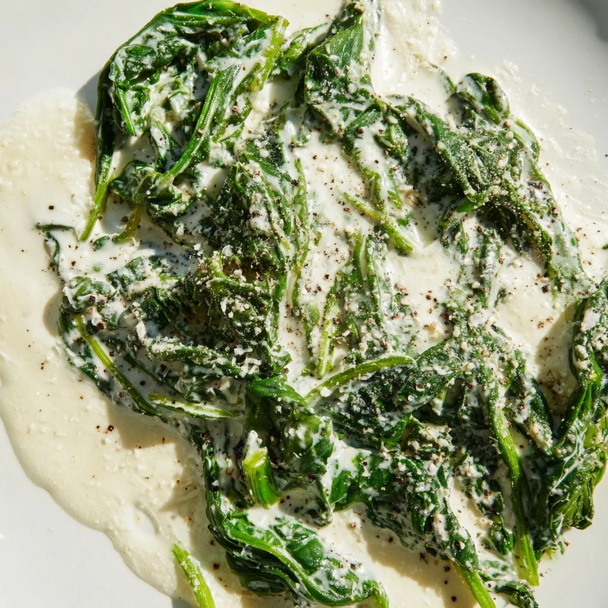 Creamy Spinach with Cream, featuring tender wilted spinach leaves and sautéed onions in a rich garlic sauce, served hot as a comforting side.