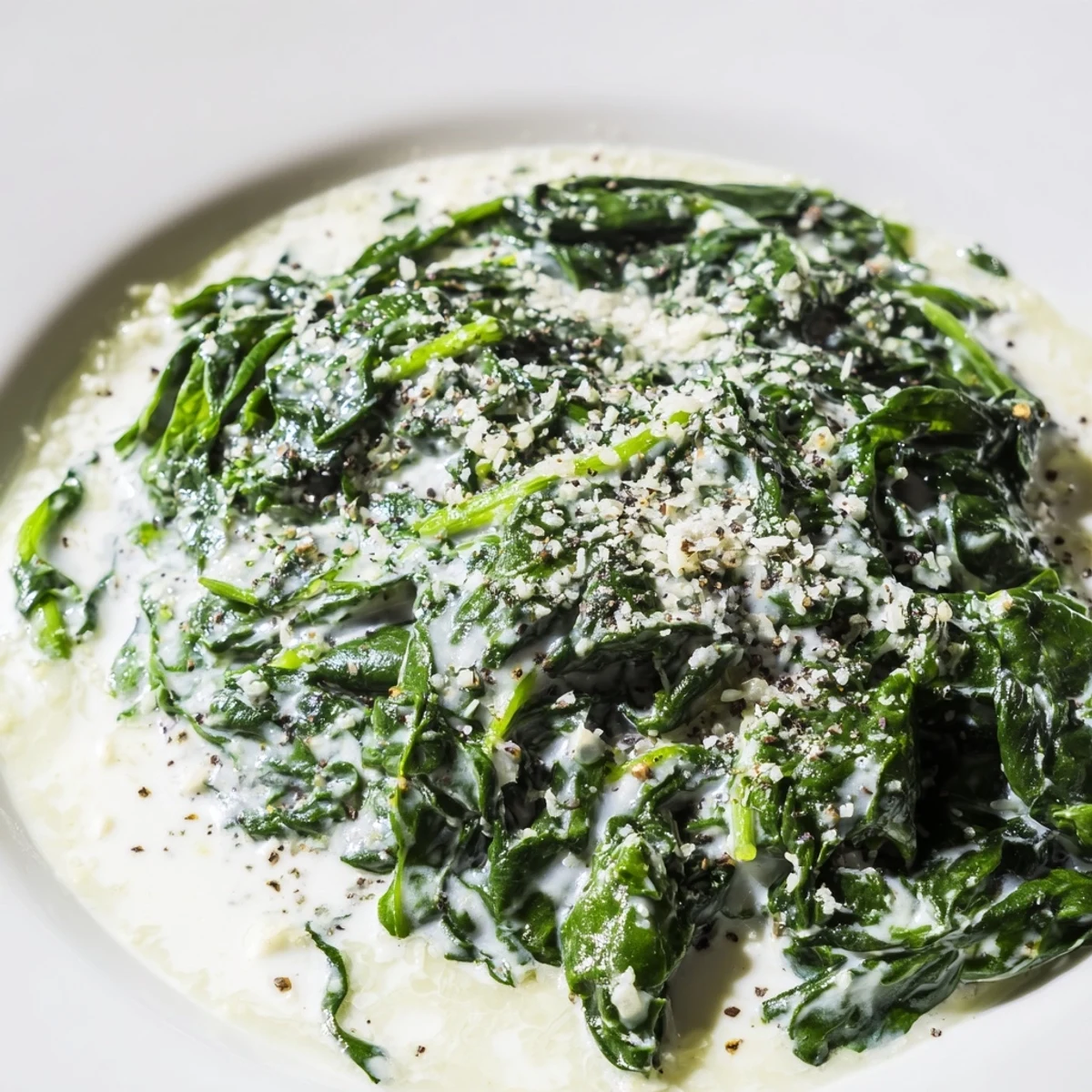 A close-up view of Creamy Spinach with Cream, showing a velvety, cheesy sauce clinging to fresh spinach in a skillet.