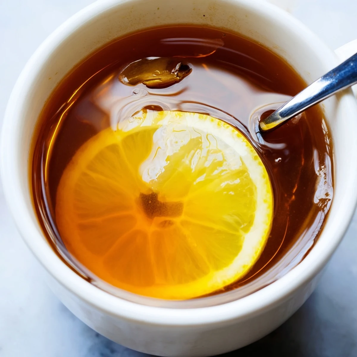 Freshly brewed Lemon Tea with Honey steaming in a clear glass mug, bright lemon slice garnish resting on the rim for a cozy afternoon pick-me-up.