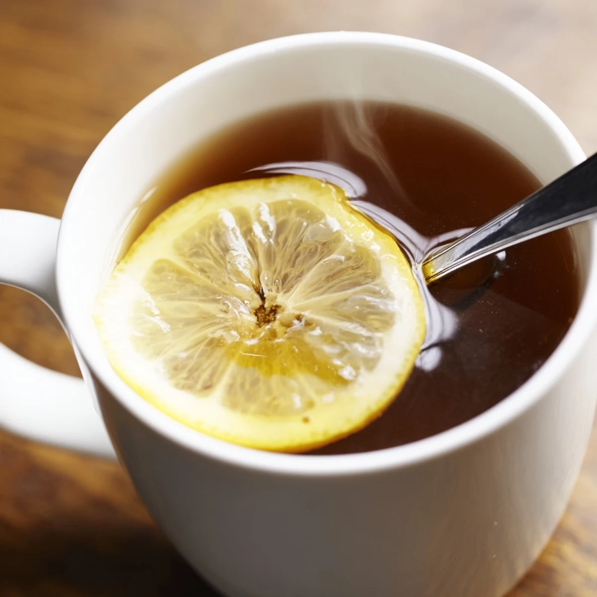 A teapot and two ceramic mugs of Lemon Tea with Honey on a rustic table, with honey dipper and lemon wedges for a soothing homemade beverage.