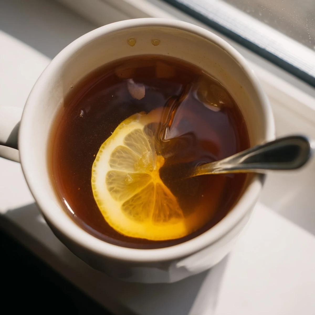 Sunlit kitchen scene with a steaming cup of Lemon Tea with Honey, condensation on the glass and a small pitcher of honey nearby.