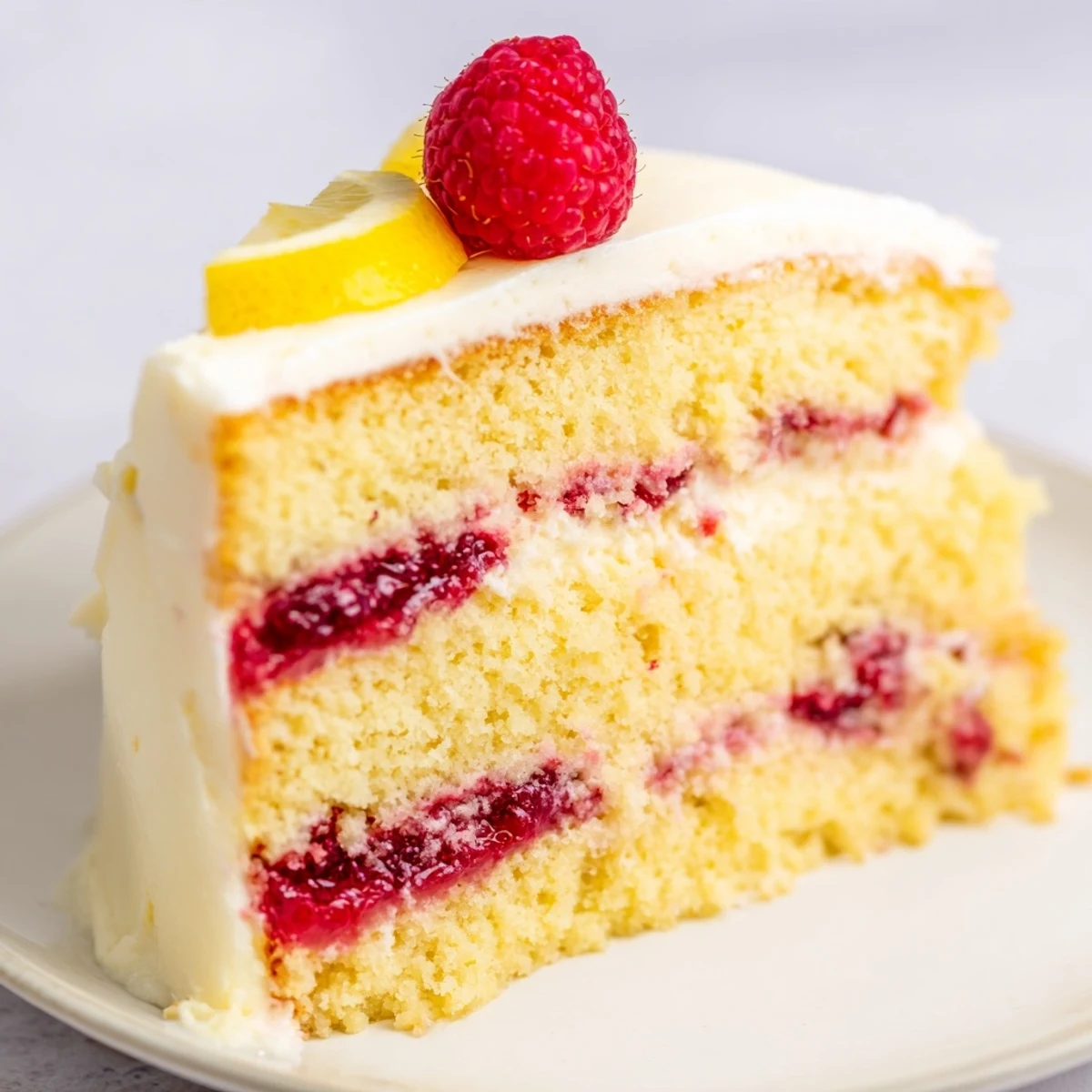 Freshly baked Lemon Raspberry Layer Cake with fluffy lemon sponge, bright raspberry filling, and luscious cream cheese frosting, garnished with fresh berries and lemon slices.