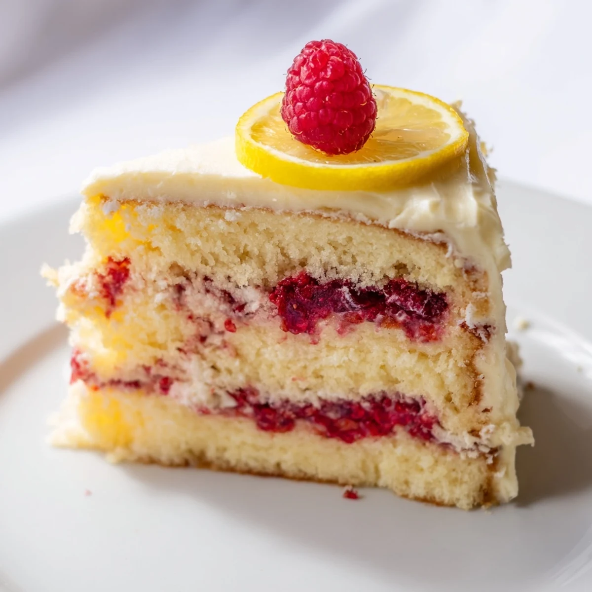 Golden Lemon Raspberry Layer Cake layers with swirls of lemon cream cheese frosting, fresh raspberries, and edible flowers on a rustic wooden serving board.