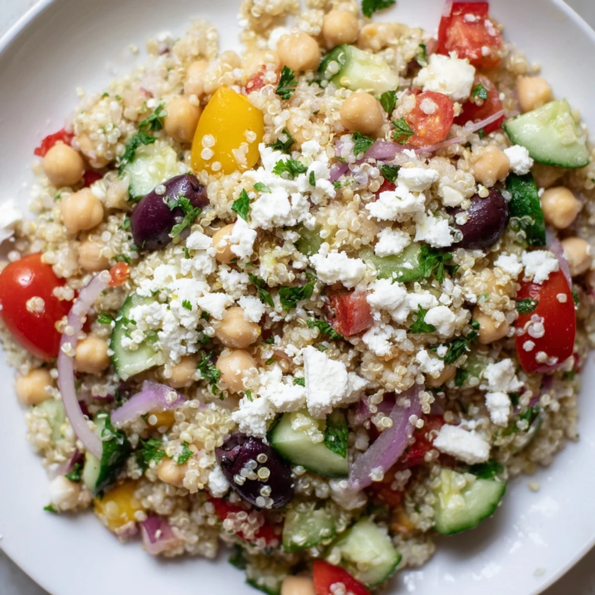 Fresh Mediterranean Quinoa Salad with Chickpeas in a white bowl, featuring colorful tomatoes, cucumbers, and herbs on a wooden table.